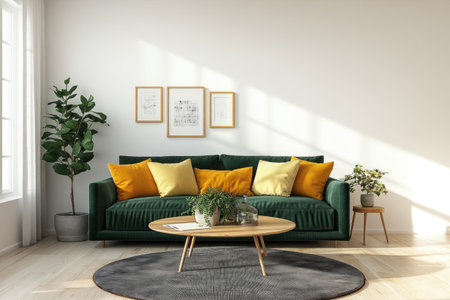 A simple and elegant living room with white walls, featuring an emerald green sofa adorned with yellow pillows. A wooden coffee table sits next to the couch, holding potted plants and decorative items like framed pictures or artwork on top of it. The floor is covered in light wood parquet tiles that add warmth and texture to the space. In front of the wall hangs a large, round, dark gray rug, adding depth and character to the scene. This setting creates a cozy atmosphere perfect for relaxation. --ar 3:2 --v 6.1 Job ID: f91eff7d-2a0c-4264-990c-b965d594fef7の素材