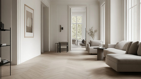 A spacious living room with white walls, light wood flooring, and gray furniture in an apartment complex. The focus is on the herringbone floor pattern. There's a sofa facing the camera, two armchairs beside it, and a coffee table near the entrance door. There is also a small black metal shelf against the wall to the left side of the picture. Soft lighting highlights the details of the interior design style. --chaos 30 --ar 16:9 --v 6.1 Job ID: 9f967496-3eec-462c-a52b-34477c625b38の素材