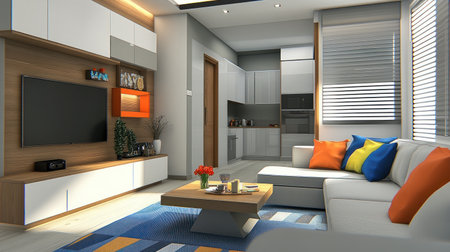 A modern living room in a small apartment, with white walls, a wooden floor, and a blue-grey carpet on the ground. A sofa with colorful cushions sits near a TV stand and a wooden coffee table. A glass cabinet, filled with vases of flowers, is visible, and a door to the kitchen can be seen behind it. The atmosphere is cozy, and the room is filled with bright light from the window. --chaos 30 --ar 16:9 --v 6.1 Job ID: 9a79d802-c208-4cb0-8f84-335424057621の素材