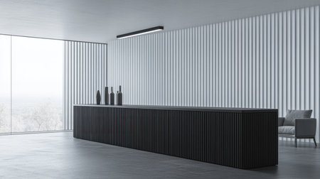 A modern, minimalist-style sideboard features a black wood grain color against a white background wall and a gray concrete floor. The table on the right is empty, with vases containing decorative items placed in front of it. An armchair is positioned next to the vases. A lamp hangs from above, and an open window is visible behind the furniture. --chaos 30 --ar 16:9 --v 6.1 Job ID: de2587ad-43ac-4f9a-b60d-c4b014112eb5の素材