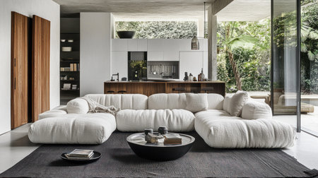 A modern living room with a large corner sofa and a coffee table, an open kitchen in the background, white walls, a wooden door on the left side of the picture, a dark rug on the floor, and industrial ceiling lights. --chaos 30 --ar 16:9 --v 6.1 Job ID: 26770963-cc68-43d2-bd7d-d60392eac7c4の素材