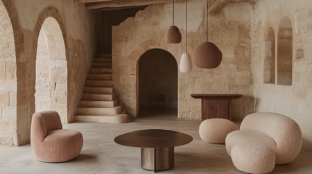 A minimalist living room with soft, rounded furniture in neutral tones, accented by a sleek metal table and modern pendant lighting, creating an elegant space for relaxation. --chaos 30 --ar 16:9 --v 6.1 Job ID: 7481128b-3b5b-402e-aef7-46e8150cd8adの素材