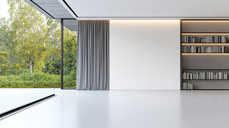 A photograph of a large white wall with a window, grey curtains on the left side. This is an interior design photograph with a minimalistic style. The floor is white, and the room is filled with bright light from the windows. There is a bookshelf on the right-hand side, and trees can be seen outside the window. This is a modern home decor scene with an empty space in the center of the picture, suitable for high-resolution display. --chaos 30 --ar 16:9 --v 6.1 Job ID: 85279b04-46b9-4c5f-b1e1-ad376dae7467の素材