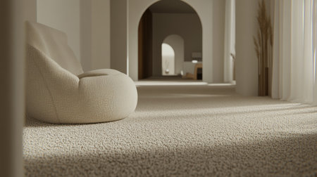 A minimalist room with an arched doorway, featuring an armchair designed by Eames and decorated in the style of Isamu Noguchi with a thinning wool felt fabric, placed on top of carpeted flooring. The scene is illuminated by soft natural light that highlights the chair's unique design and texture. --chaos 30 --ar 16:9 --v 6.1 Job ID: 7a5177c6-7332-4d6e-8bbd-a9fc4a138524の素材