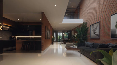 A modern living room with a brick wall, a sofa, and an armchair on a white floor in front of a brown brick wall. The interior design features a home coffee area. --chaos 30 --ar 16:9 --v 6.1 Job ID: 167da7b7-6d4e-485c-9dc0-f71ce453ee18の素材