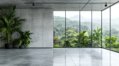 3D rendering of a white concrete room with a panoramic window overlooking green mountains. Empty space for displaying a product or advertising copy. An award-winning shot, a high-quality photograph. --chaos 30 --ar 16:9 --v 6.1 Job ID: 942b1020-e32f-460b-a140-8f65fc41026dの素材