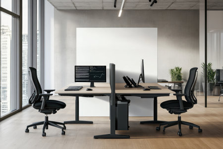 A mockup of an empty wall in the center, in front of modern office desks with computer screens and black chairs, wooden floorboards, white walls, concrete ceiling, windows on one side showing a cityscape, realistic, high-resolution photography. --ar 3:2 --v 6.1 Job ID: 62695f06-a2c1-415e-8eb2-4bcc3ae58e68の素材