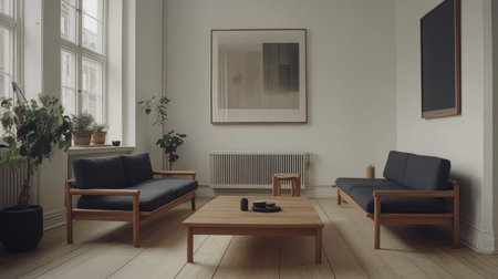 A Scandinavian-style living room with wooden furniture, plants on the windowsill, and a coffee table near the sofa, all set against a wooden floor and white walls. The photo is taken from a front view. --chaos 30 --ar 16:9 --v 6.1 Job ID: e9f0d858-1a05-4b2b-946a-a50ef9f65b97の素材