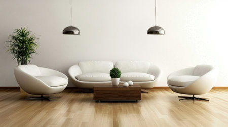A modern living room with three white, rounded sofas and one coffee table in the center of the space. The wall is a plain white, and there is an elegant hanging light above each sofa. A small plant sits to the left side. There are no other objects or furniture in front of the camera --chaos 30 --ar 16:9 --v 6.1 Job ID: 99feaef8-4a7f-4633-b6d9-262d37243280の素材