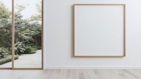 A large, empty room with white walls and light wood floors. The walls are blank, ready for text or artwork to be added later. A glass door leads out onto the garden outside. In one corner of the room, there's an open window showing trees and greenery in soft focus. There is no furniture inside, but the space looks very modern and clean. This scene would make sense as part of a house interior design photo set. It could represent a contemporary living space that comes equipped with natural lighting and sliding doors leading outdoors. --chaos 30 --ar 16:9 --v 6.1 Job ID: 688ffb61-b529-4f67-a110-98031040586dの素材