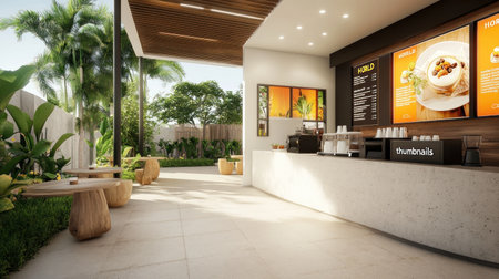 A photo of the interior design of an eco-friendly coffee shop, featuring white walls and concrete floors with large windows that provide natural light. A wall in front is displaying menu board for "HORLD thumbnails" such as hot drink , cappuccino flat White Mocca . The cafe also has outdoor seating area surrounded by greenery. There's a small wooden table inside with some plants on it. This space creates a relaxed atmosphere perfect for enjoying both delicious food and drinks while looking at nature outside. --chaos 30 --ar 16:9 --v 6.1 Job ID: 167a786e-5a3f-4a3f-886d-ffe649e72dfcの素材