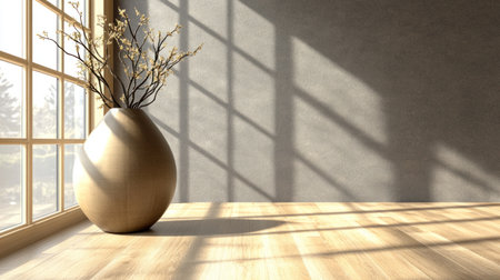 3D rendering of an empty room with light grey walls and a wooden floor. There is a vase on the left side of the picture with dry branches inside, and a window in the background. Minimalist style. Bright daylight, clean and minimalistic interior design concept. The focus should be sharp to capture the details. --chaos 30 --ar 16:9 --v 6.1 Job ID: 2df96343-b2ae-44f0-84a9-dbf8e875d210の素材