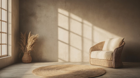 A warm, earthy brown wall background with a single armchair and round rug placed in the foreground, creating an inviting atmosphere for product display mockups or digital art. The soft lighting accentuates the textures of the furniture against the solid color backdrop, providing a simple yet elegant space to showcase products. --chaos 30 --ar 16:9 --v 6.1 Job ID: 3da3c24b-848d-4e6a-a379-7966dfa77609の素材