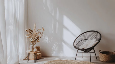 A Scandinavian-style room with white walls, a wooden floor, and a black metal chair. In the center of the room is an elegant rattan lounge armchair. On one side of the chair stands a small table decorated with some vases containing flowers. A jute rug lies on top of the beige carpet. In front of the scene, you can see two straw baskets. The photo was taken from above at eye level using a Canon EOS camera. --chaos 30 --ar 16:9 --v 6.1 Job ID: 26de6b67-b5c5-47cb-87f1-abff8dc7cba8の素材