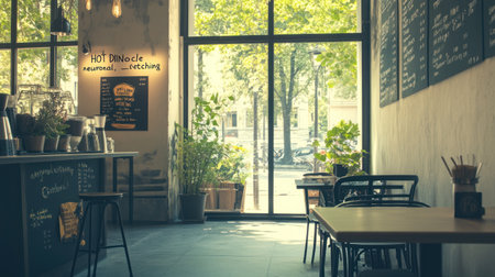 A modern coffee shop with large windows, concrete floors and white walls in the background is lush greenery. A wall has signs on it for various latte drinks such as "HOT DINocle neuronal, Ã©tching", etc.. The sun shines through the window onto an empty table covered by some plants and fresh flowers. In front of one side of the door hangs two black chairs, adding to its minimalist yet cozy atmosphere. --chaos 30 --ar 16:9 --v 6.1 Job ID: a5472f4c-6c66-433e-b3c2-206d35626d8dの素材