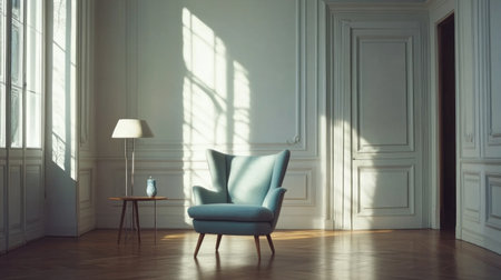A photograph of a large wall with a parquet floor, white walls, a door and window on the right side of the image, a light blue armchair in the center, a lamp stand next to it, and a vase on a table. This minimalistic interior design concept is illuminated by natural daylight, creating a hyper-realistic scene. --chaos 30 --ar 16:9 --v 6.1 Job ID: d44448ba-7546-4335-91ca-1d19d1dad815の素材