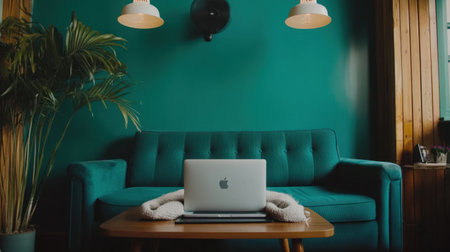 A modern living room with blue walls, a sofa, and a coffee table in front of it. On the floor is an open laptop covered by a fabric blanket, surrounded by two hanging lamps from the ceiling. The background features a wall behind the couch with a wooden baseboard and a white ceiling, creating a warm atmosphere. There's also a small fan on one side of the room. A plant stands beside them to add life to the space. This scene captures the serene ambiance of a home interior design. --chaos 30 --ar 16:9 --v 6.1 Job ID: cf148478-0512-4df7-a249-2d5907ccff19の素材