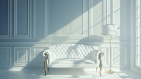 3D rendering of a blue-paneled wall with a sofa and floor lamp in a white room interior. Minimalist home design concept, blue background, HD. --chaos 30 --ar 16:9 --v 6.1 Job ID: 79ceccb1-80e3-4fa8-8bcd-3fb65ca5cd62の素材