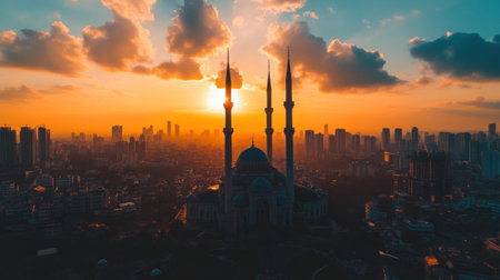 A photo of the Kampung Ulu Mosque with twin minarets towering over the city skyline at sunset, a view that captures its iconic silhouette against the backdrop of vibrant clouds and distant skyscrapers. The majestic mosque stands as an architectural marvel in itself, while the bustling metropolis rises behind it. This scene is bathed in warm hues from the setting sun, creating a picturesque landscape that highlights both contemporary urban life and traditional architecture. --chaos 30 --ar 16:9 --v 6.1 Job ID: 39478cda-800e-4281-9234-438ba5d74587の素材