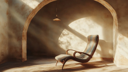 A minimal modern arch wall with an arched opening and an armchair on the floor. The chair is made of wood and fabric in neutral tones with some blue details. There's a lamp hanging from above and carpeted flooring, in the style of Canon EOS R5. --chaos 30 --ar 16:9 --v 6.1 Job ID: 4e2a9886-2ec4-4d9f-ad96-42bb1ae7ad42の素材