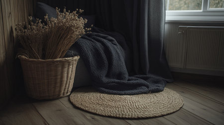 Modern interior, gray sofa with black blanket and pillows against the wall with copy space, minimalistic style, wooden floor, round rug on it, dark curtains at the window, dried flowers in a wicker basket near the couch. Scandinavian home decor. --chaos 30 --ar 16:9 --v 6.1 Job ID: 364cc11b-6459-48c9-9033-6d66909e95d8の素材