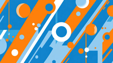 Blue background with orange diagonal stripes and geometric shapes, in a flat design style. Abstract vector elements for a corporate or tech website banner template. High resolution. --chaos 30 --ar 16:9 --v 6.1 Job ID: f59bf4bf-7d3c-49a7-bb81-d6527607f3deの素材