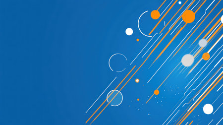 Blue background with orange and white stripes on the left side, featuring diagonal lines in an abstract geometric pattern. The design includes a modern color scheme suitable for corporate or professional use. It is suitable as a banner or poster layout, offering space to add text or branding elements. This graphic asset is ideal for creating eye-catching banners, social media posts, web pages, and more, with high resolution and vector graphics --chaos 30 --ar 16:9 --v 6.1 Job ID: 3e54825a-60de-450b-b688-65141e4d044eの素材
