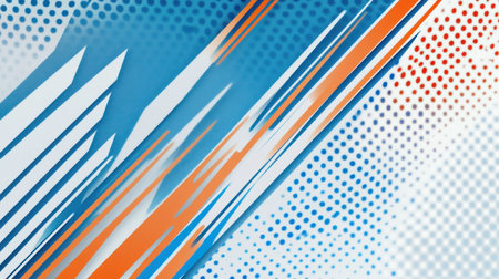 Blue background with orange and white stripes on the left side, featuring diagonal lines in an abstract geometric pattern. The design includes a modern color scheme suitable for corporate or professional use. It is suitable as a banner or poster layout, offering space to add text or branding elements. This graphic asset is ideal for creating eye-catching banners, social media posts, web pages, and more, with high resolution and vector graphics --chaos 30 --ar 16:9 --v 6.1 Job ID: 3e54825a-60de-450b-b688-65141e4d044eの素材