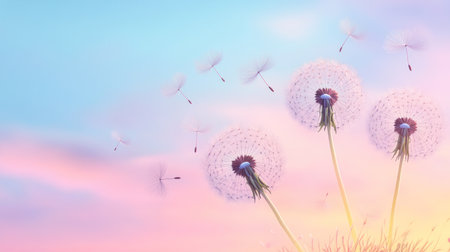 Dandelion seeds flying in the wind at sunset, with copy space on a colorful background. A beautiful nature landscape with blooming dandelions. --chaos 30 --ar 16:9 --v 6.1 Job ID: f1ddd010-748d-49a3-a07c-d1d02c308742の素材