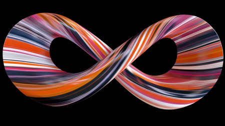 Colorful fluid ribbon in the shape of an infinity symbol on black background, 3d rendering illustration, abstract, --chaos 30 --ar 16:9 --v 6.1 Job ID: 9f5b044f-8665-408e-86eb-e614bb7fa145の素材