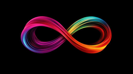 Colorful fluid ribbon in the shape of an infinity symbol on black background, 3d rendering illustration, abstract, --chaos 30 --ar 16:9 --v 6.1 Job ID: 9f5b044f-8665-408e-86eb-e614bb7fa145の素材