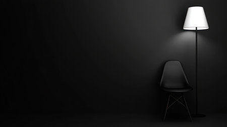 Black wall background with a floor lamp and chair, a minimalist interior design concept. --chaos 30 --ar 16:9 --v 6.1 Job ID: 6079ac76-5fc3-4b6b-8b4b-927b0bfc8319の素材