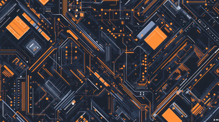 Blue background with orange diagonal stripes and geometric shapes, in a flat design style. Abstract vector elements for a corporate or tech website banner template. High resolution. --chaos 30 --ar 16:9 --v 6.1 Job ID: f59bf4bf-7d3c-49a7-bb81-d6527607f3deの素材