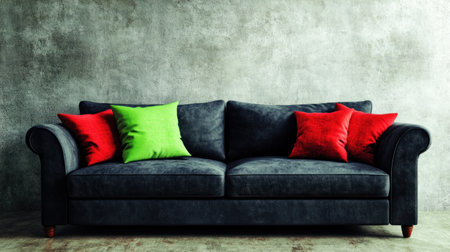 Modern gray sofa with green and red pillows against a concrete wall in the minimalist interior design of a modern living room. --chaos 30 --ar 16:9 --v 6.1 Job ID: ed4a160e-b857-437b-88d4-492c13829e83の素材