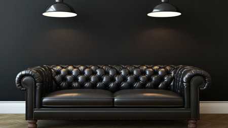 Black wall interior design of a modern living room and kitchen with a sofa, leaving space for text. 3D rendering. --chaos 30 --ar 16:9 --v 6.1 Job ID: 0e81b52f-8cdc-42d1-a3ef-c01fbed0724cの素材