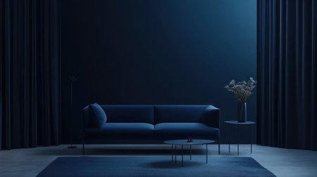 Dark blue sofa with two coffee tables, dark blue curtains on the wall, a carpet, and a floor lamp, with flowers in a vase on the table. Minimalist interior design of a modern living room. Dark navy background. High-quality photo. --chaos 30 --ar 16:9 --v 6.1 Job ID: 42081b34-3f18-4d95-b2f5-78564f2f026bの素材