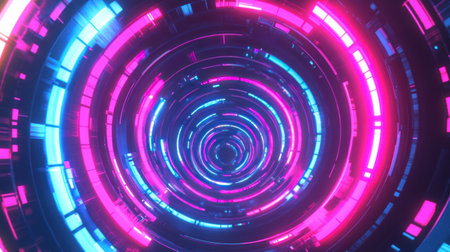 Neon light effect circle frame on a dark background, with glowing lines in blue and pink colors. Abstract neon design element for a wallpaper or banner with copy space. Vector illustration. Stock photo with 2/3 space for text. --chaos 30 --ar 16:9 --v 6.1 Job ID: e3b2c669-f8cc-41ce-9b64-dbd7eddd4e27の素材