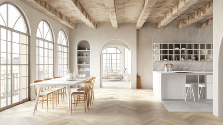 Modern dining room with a white table and chairs, arched windows, and a parquet floor. Minimalist interior design of a modern living room in a flat or apartment. 3D rendering illustration, shot on a Sony Alpha A7R IV, with natural lighting. --chaos 30 --ar 16:9 --v 6.1 Job ID: 9ca8b637-a845-4f78-bace-fb6936218033の素材