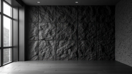 Black wall with copy space in an empty room interior, wooden floor, and a window. --chaos 30 --ar 16:9 --v 6.1 Job ID: 7fd86675-63c6-4c26-af1f-ffd2954c166eの素材