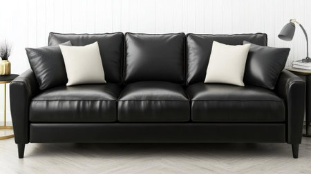 Black leather sofa and side tables against a white wall with vertical lines. Minimalist interior design of a modern living room, mockup. Copy space, high quality. --chaos 30 --ar 16:9 --v 6.1 Job ID: b9451e38-4da0-49f5-9176-847c01f72f66の素材