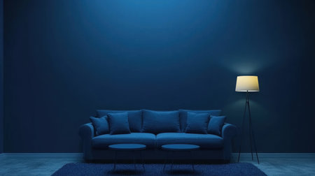 Dark blue sofa with two coffee tables, navy carpet, and a floor lamp against a dark wall background. Minimalist home interior design of a modern living room. --chaos 30 --ar 16:9 --v 6.1 Job ID: f5e1c15a-0f54-40fd-a6a1-e85259d12a16の素材