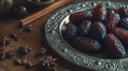 Close-up of dates on a wooden table, with a silver platter and cinnamon sticks in the background. --chaos 30 --ar 16:9 --v 6.1 Job ID: bcdb81e9-ddd9-455b-8d03-1205fd6dbc0dの素材
