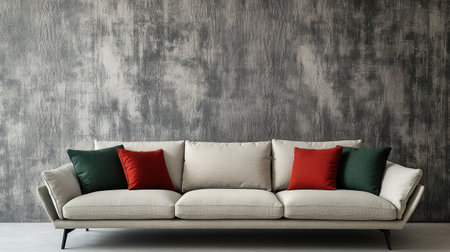 Modern gray sofa with green and red pillows against a concrete wall in the minimalistic interior design of a modern living room. Cinematic shot taken with a Sony Alpha A7 IV camera, wide angle, ultra-detailed, high resolution. --chaos 30 --ar 16:9 --v 6.1 Job ID: a5a255cb-528d-448e-82dc-156e4f8eaf07の素材
