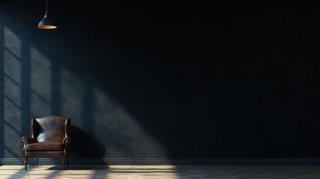 Black wall interior mockup with an armchair and pendant lamp, grey parquet floor. Minimalist home design background. 3D rendering illustration of a dark room with copy space. High quality, full details, full shot, ultra-realistic photo, high resolution. --chaos 30 --ar 16:9 --v 6.1 Job ID: 67f29a87-fc8f-43ea-91c8-e30744183a23の素材