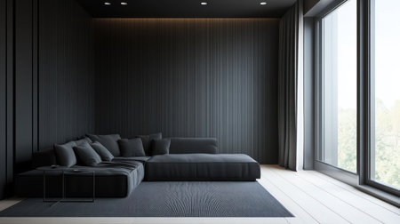 Minimalist interior design of a modern living room with a dark gray sofa and wooden paneled walls, featuring contemporary home decor in a sleek black color scheme. --chaos 30 --ar 16:9 --v 6.1 Job ID: c5737df9-05b5-42d6-ba0e-c4384fa79a3aの素材