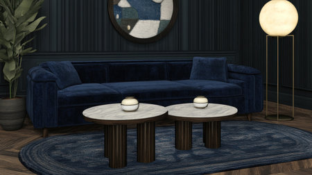 Dark blue sofa with two coffee tables, navy carpet, and a floor lamp against a dark wall background. Minimalist home interior design of a modern living room. --chaos 30 --ar 16:9 --v 6.1 Job ID: f5e1c15a-0f54-40fd-a6a1-e85259d12a16の素材