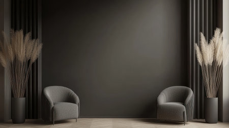 Modern interior design, with a dark gray wall featuring vertical lines and two gray armchairs on a light wooden floor, 3D rendering mock-up. Minimalist home decor background in the style of Black color. --chaos 30 --ar 16:9 --v 6.1 Job ID: f9316cb1-5735-4d29-9b09-da769f5a6eb6の素材