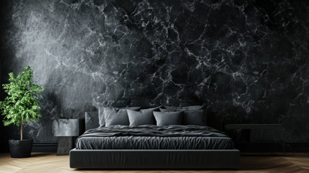 Modern bedroom interior with gray and black marble wall, a sofa and bed on a wooden floor, and a concrete ceiling. --chaos 30 --ar 16:9 --v 6.1 Job ID: 2a9e9538-ed4c-45c5-9ab9-36b7100430e3の素材