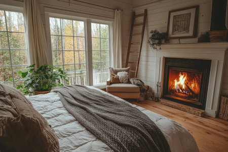 Nordic-style bedroom with a fireplace, white walls, and a wood floor, soft lighting, large windows, green plants on the side of the bed, a wooden ladder in the corner, a grey blanket over the bed, a beige armchair near the window, warm colors, and a comfortable atmosphere. --ar 3:2 --v 6.1 Job ID: 8d2de565-2cab-45ba-948f-93fafca25cd9の素材