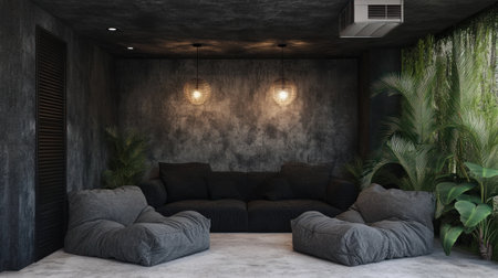 Modern interior design of a living room in a loft style with concrete walls, a black sofa, and grey fabric armchairs. The ceiling is painted dark gray, and there is pendant lighting above the seating area. There is also an industrial air conditioner on one wall. On both sides, there are plants to add life to the space. --chaos 30 --ar 16:9 --v 6.1 Job ID: f2d9dc11-9d5b-40a3-9cca-6ec4bd6a1337の素材